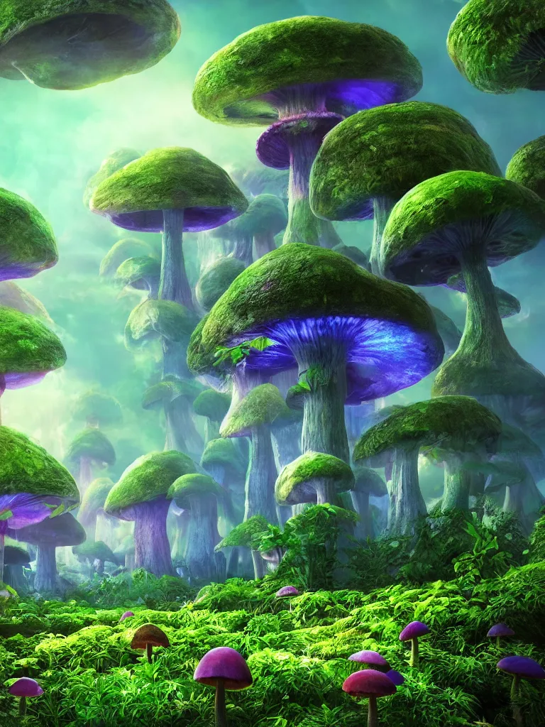 Image similar to a beautiful otherworldly fantasy landscape of giant mushroom trees forming canopies over bright colorful mythical floral plants, like alice in wonderland, rendering, cryengine, deep glowing color, blue and purple and green colors, vray render, cinema 4 d, cgsociety, bioluminescent