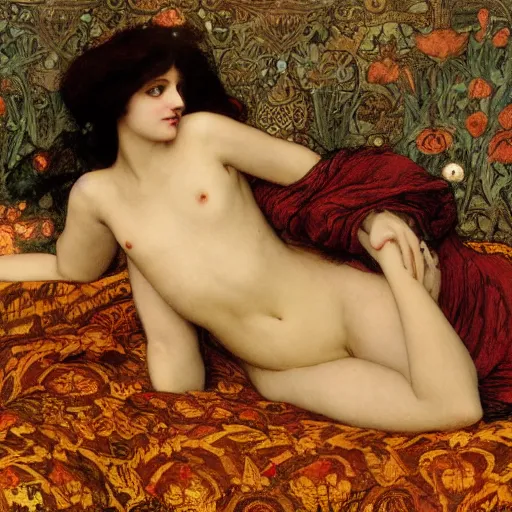 Image similar to preraphaelite photography reclining on bed, a hybrid of judy garland and a hybrid of lady gaga and nicole richie, aged 2 5, big brown fringe, wide shot, yellow ochre ornate medieval dress, john william waterhouse, kilian eng, rosetti, john everett millais, william holman hunt, william morris, 4 k