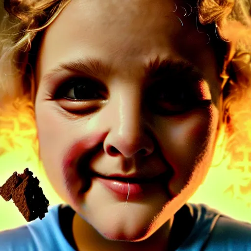 Image similar to drew barrymore face breaking out of smore!!!, bionic scifi by alexandre ferra,