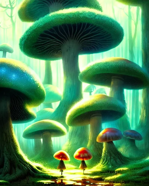 Image similar to magical enchanted mushroom forest, scenery wallpaper aesthetic, beautiful, cinematic, dramatic, super detailed and intricate, by koson ohara, by darwyn cooke, by greg rutkowski, by satoshi kon