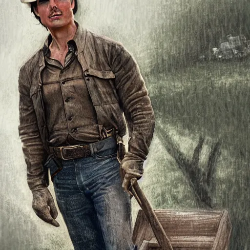 Image similar to Tom Cruise as a farmer, high resolution fantasy concept art, realistic, intricate details, soft lighting