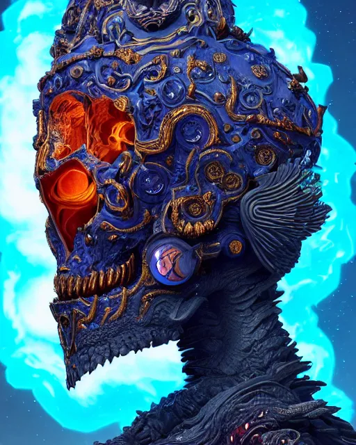 Image similar to 3 d ornate carved dark cosmic king with profile portrait, sigma 5 0 0 mm f / 5. beautiful intricate highly detailed quetzalcoatl skull. bioluminescent, plasma, lava, ice, water, wind, creature, thunderstorm! artwork by tooth wu and wlop and beeple and greg rutkowski, 8 k trending on artstation