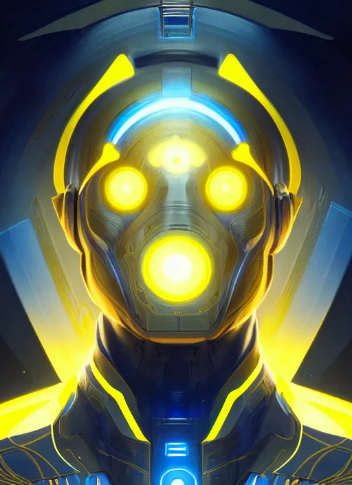 Image similar to symmetry!! portrait of a man, sci - fi, tech wear, blue and yellow glowing lights!! intricate, elegant, highly detailed, digital painting, artstation, concept art, smooth, sharp focus, illustration, art by artgerm and greg rutkowski and alphonse mucha