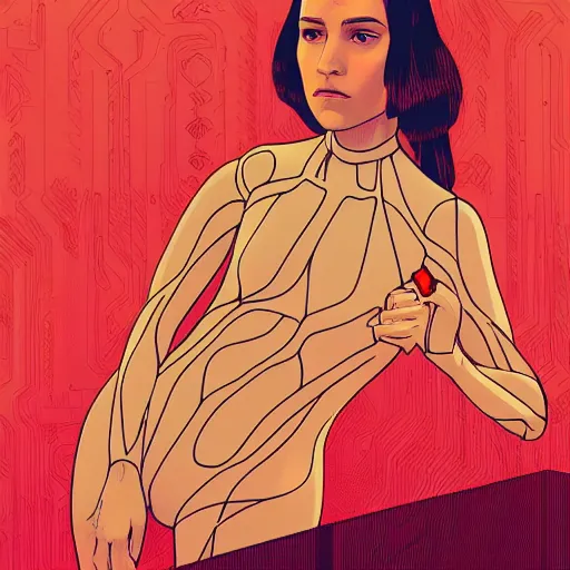 Image similar to Alicia Vikander gets a human body in Ex Machina, highly detailed, artstation, digital illustration, concept art, by Kyoto Animation and Studio Ghibli, by Ilya Kuvshinov and Alphonse Mucha