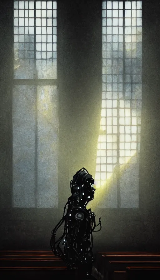 Image similar to portrait of broken humanoid metal robot praying in empty church, sunshine through window, bladerunner, cold color scheme, digital illustration, artstation, cinematic composition