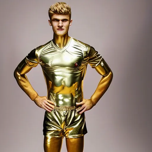 Prompt: a realistic detailed photo of a guy who is an attractive humanoid who is half robot and half humanoid, who is a male android, soccer players martin ødegaard & timo werner, shiny skin, posing like a statue, blank stare, in a living room, on display, showing off his muscles, gold soccer shorts, side view