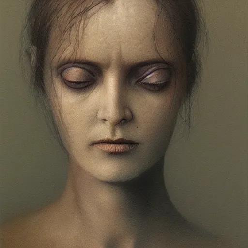 Image similar to woman face staring, portrait, flash, 80mm F2.8, single light source, painting by Zdzislaw Beksinski