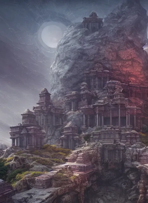 Image similar to landscape of futuristic ancient temples, magical, detailed terrain, ultra realistic, cinematic lighting, depth of field, trending on artstation