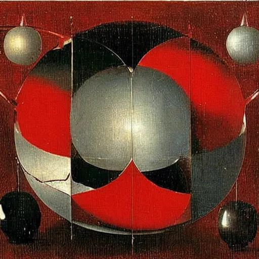 Prompt: chrome spheres on a red cube by hieronymous bosch