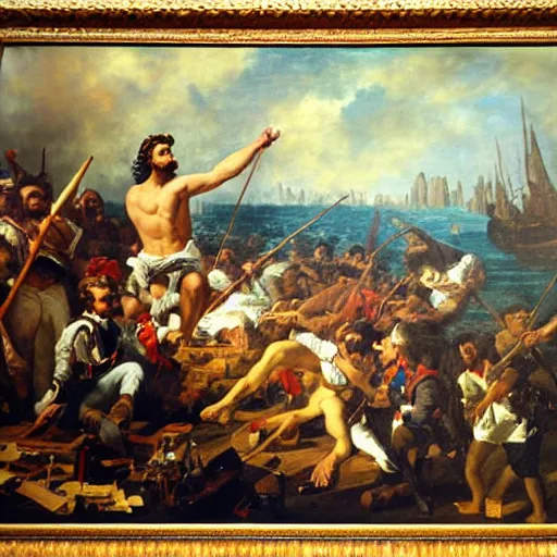 Image similar to a painting of a facebook engineer programming a continuous integration system in the style of delacroix\'s liberty leading the people