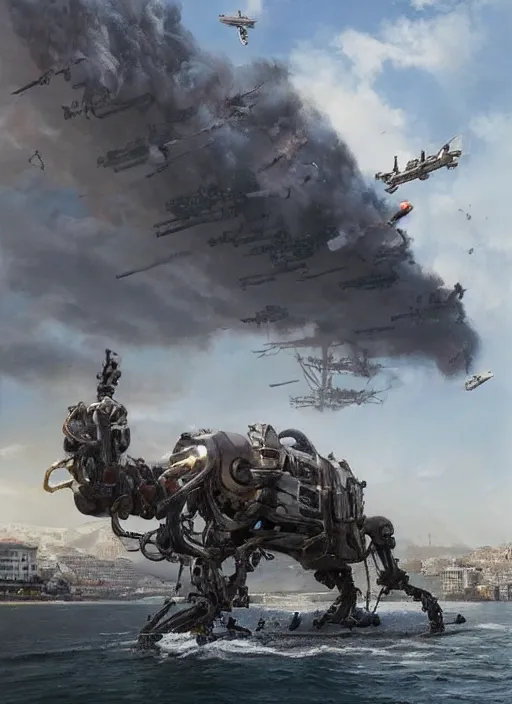 Image similar to hyper realistic robot attacking cape town city harbor beautiful details, strong composition, poster painted by weta studio rutkowski, james gurney and greg rutkowski, and lucasfilm