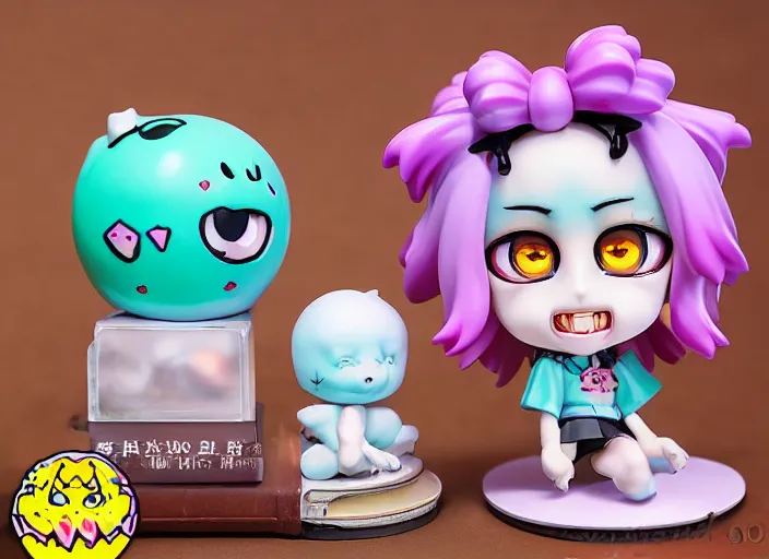 Image similar to realistic vaporwave airbrush painting of grotesque kawaii madballs touhou nendoroid anime figurine wax sculptures by jack davis, yukkuri shiteitte ne