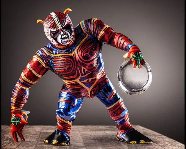 Image similar to Jorge Gutierrez Mexican wrestler vinyl figure, product photography, dynamic pose, anime stylized, exaggerated proportions, high detail, studio lighting, digital art - H 640