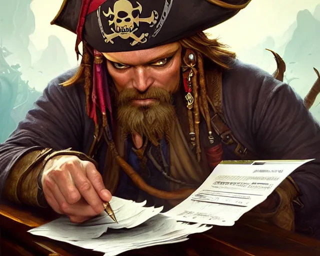 Image similar to a pirate doing his tax return, deep focus, d & d, fantasy, intricate, elegant, highly detailed, digital painting, artstation, concept art, matte, sharp focus, illustration, hearthstone, art by artgerm and greg rutkowski and alphonse mucha