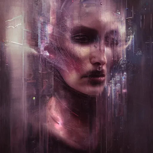 Image similar to cyberpunk dreaming by eugene von bruenchenhein, peter lindbergh, sam spratt, michael page, alyssa monks, julie heffernan, glenn brown, naoto hattori, brian froud, nicola samori, paolo roversi, kilart, 8 k, hyper detailed, hyper realism, acrylic paint, surrealism, smooth, sharp focus