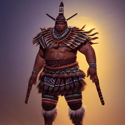 Prompt: full body concept art of a big aztec tribal warrior, fantasy character portrait, ultra realistic, concept art, intricate detailed, volumetric light, cinematic lighting, 8 k uhd artwork, featured on artstation