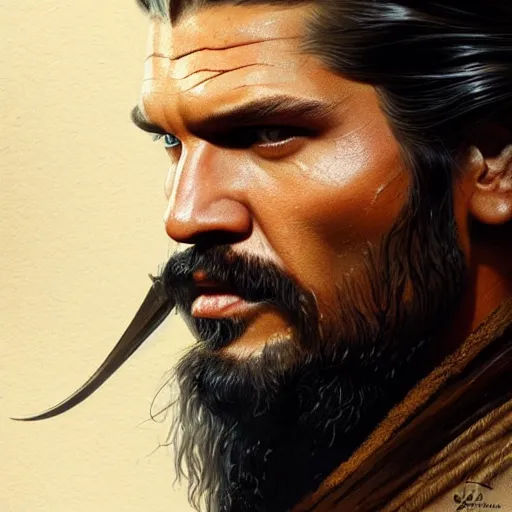 Image similar to Fierce Nikolai Coster-Waldau as Khal Drogo, western, closeup, D&D, fantasy, intricate, elegant, highly detailed, digital painting, artstation, concept art, matte, sharp focus, illustration, art by Artgerm and Greg Rutkowski and Alphonse Mucha