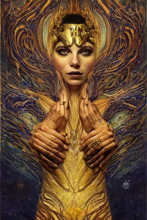 Image similar to Intermittent Chance of Chaos Muse by Karol Bak, Jean Deville, Gustav Klimt, and Vincent Van Gogh, beautiful inspiring portrait, enigma, Loki's Pet Project, destiny, Poe's Angel, fate, Surreality, inspiration, muse, otherworldly, fractal structures, arcane, ornate gilded medieval icon, third eye, spirals