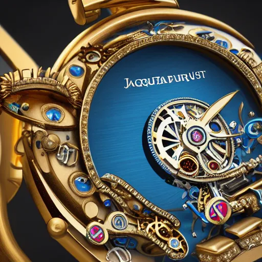 Image similar to a steampunk sleek, jewelled, tropical bird repeater watch by Jaquet Droz, highly detailed illustration highlights, gold and silver highlights, neon blue highlights, macro photography, F/2.8, trending on artstation, octane render