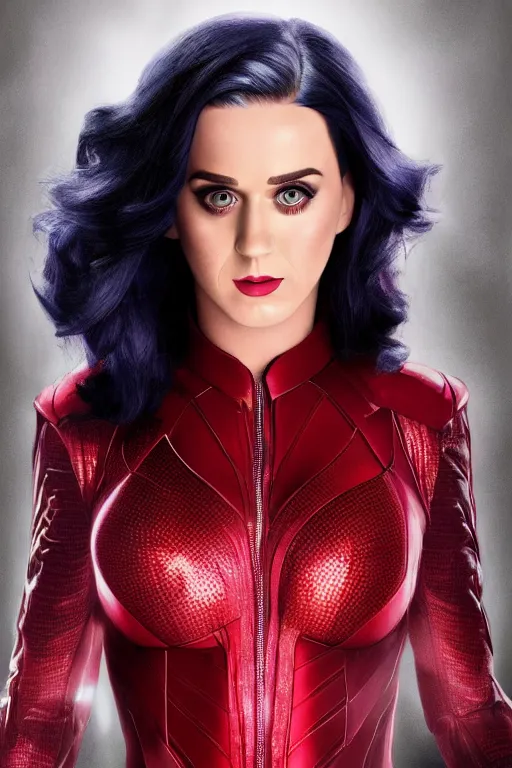 Image similar to katy perry as scarlet witch in the avengers, portrait realistic photograph, very detailed face