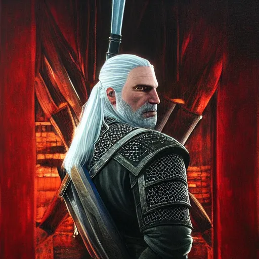 Image similar to a portrait of witcher, geralt of rivia with mordor in the background painting by elisabeth jerichau - baumann. painting, oil on canvas, horizontally symmetric