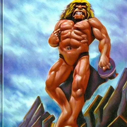 Prompt: giant wwf ultimate warrior holding small woman in his hands climbing a tall building like king kong, highly detailed, oil painting