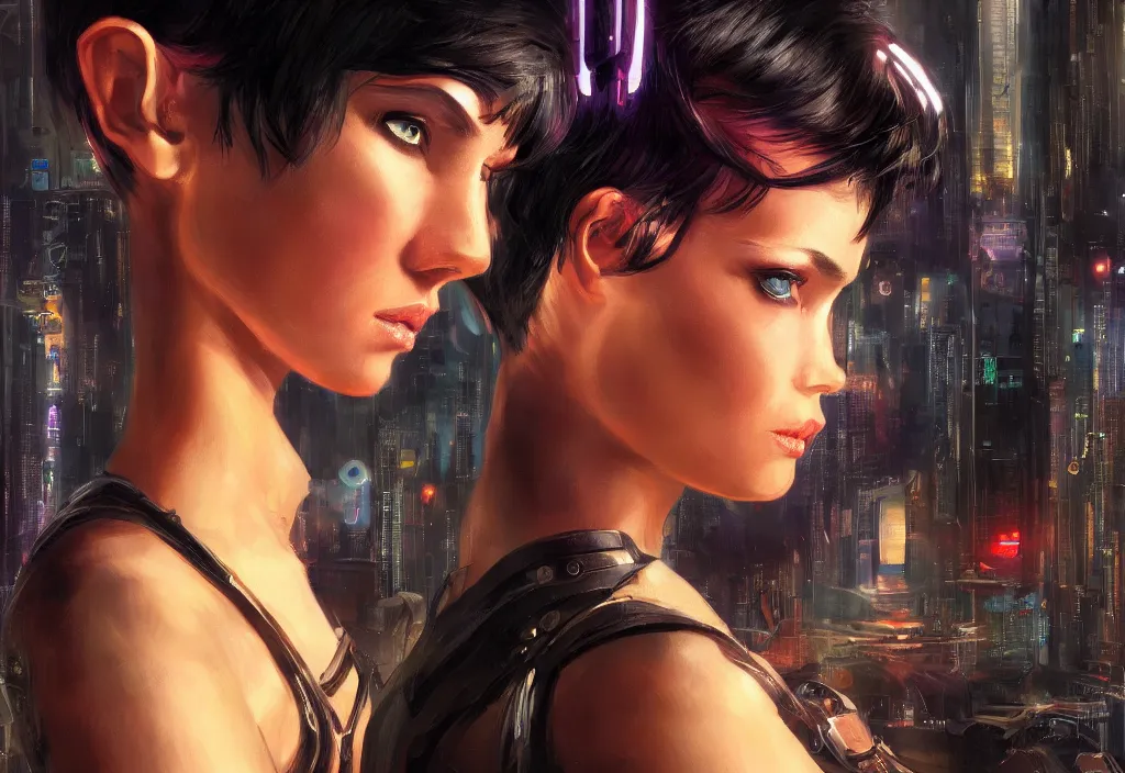 Prompt: a portrait of a beautiful girl with small horns on her head, short black hair, pixie cut, cyberpunk style, futuristic, realism, wide shot, dramatic lighting, digital art, 8k resolution, high detail, by Boris Vallejo