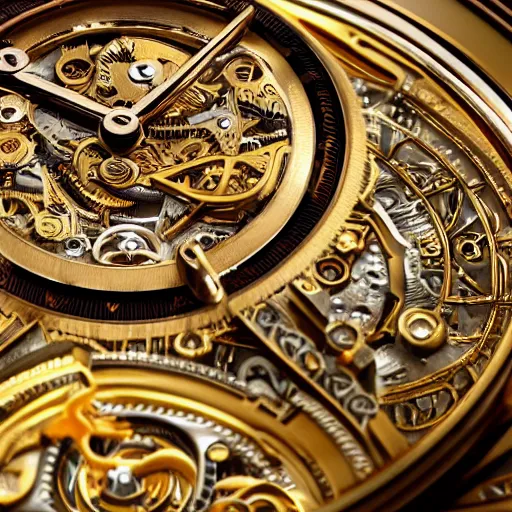 Image similar to a macro photo of a gold and silver mechanical wristwatch, close - up, intricately detailed engravings, intricately detailed markings, intricate textures, warm lighting, vivid colors, realistic octane render, hyper realistic render, volumetric shading, depth of field, raytracing, 8 k,