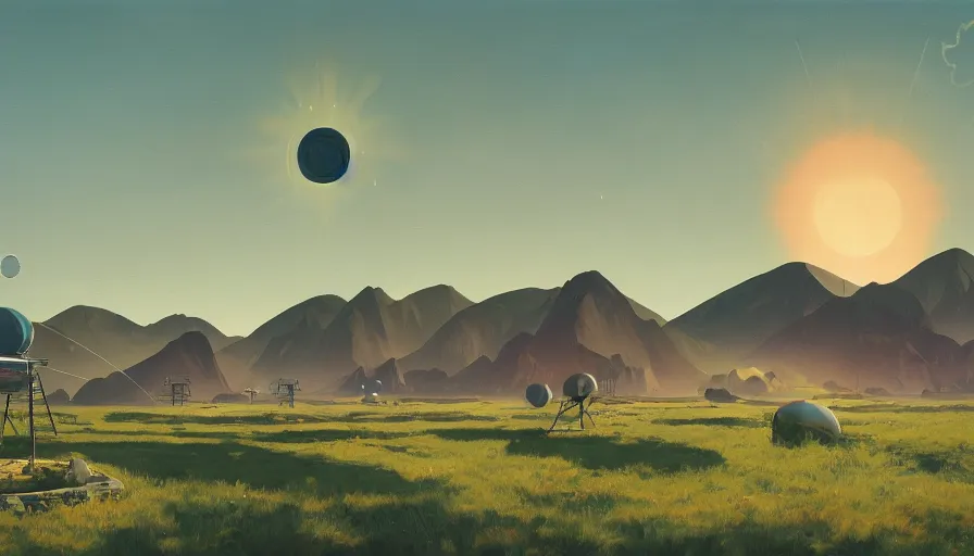 Image similar to space antennas, sun in the sky, early morning, open field, mountains in the background, hexagon blocking the sun, simon stalenhag, art deco painting