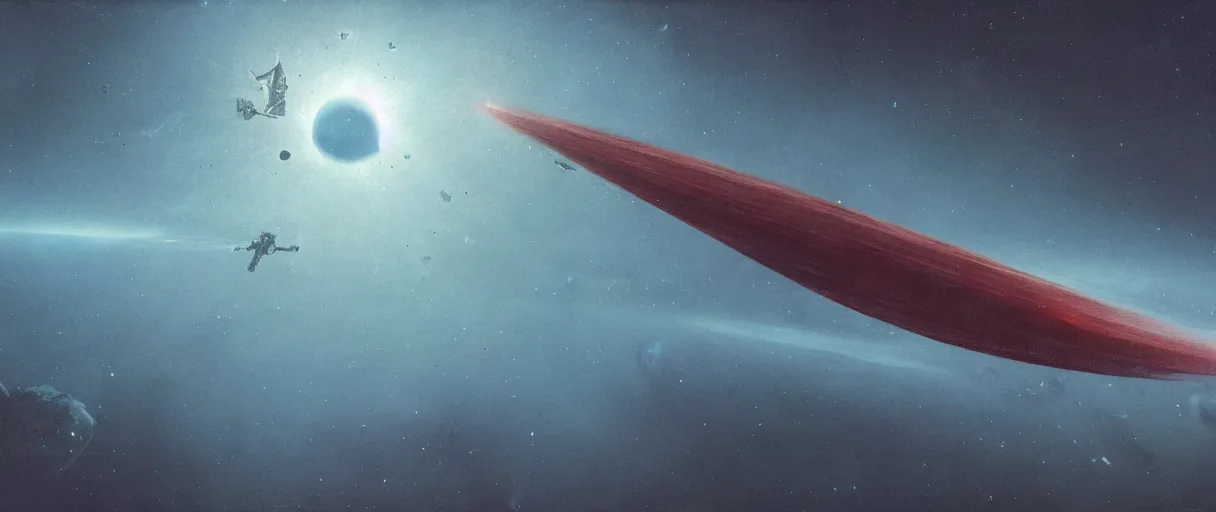 Image similar to concept art, a single lonely spaceship drifting in space, exploring the void, the expanse tv series, industrial design, lost in the immensity of space, spatial phenomenon, space debris, cinematic lighting, 4k, greebles, widescreen ratio, wide angle, beksinski, sharp shapes, maximalist, film grain