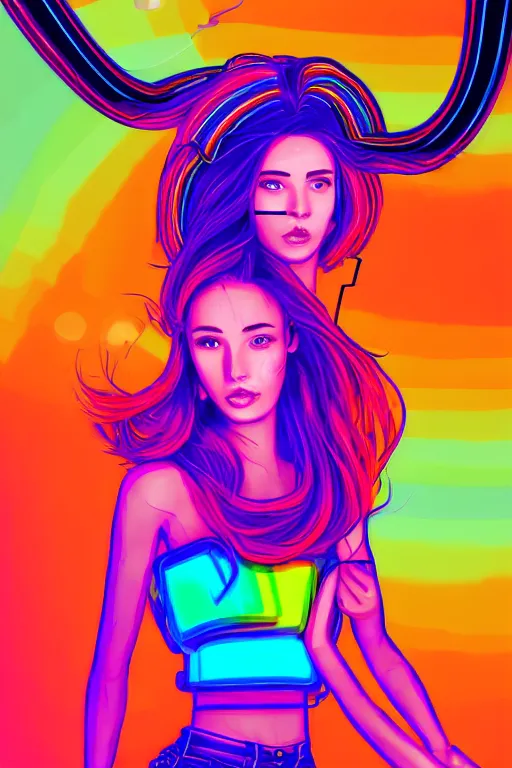 Image similar to a award winning half body portrait of a beautiful woman with stunning eyes in a croptop and cargo pants with rainbow colored ombre hairstyle head in motion and hair flying by thomas danthony, outlined by whirling illuminated neon lines, outrun, vaporware, shaded flat illustration, digital art, trending on artstation, highly detailed, fine detail, intricate