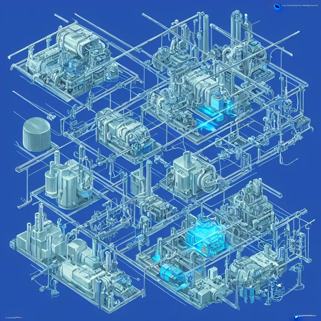 Image similar to nuclear reactor control rods, blue glow, isometric, by jean - baptiste monge