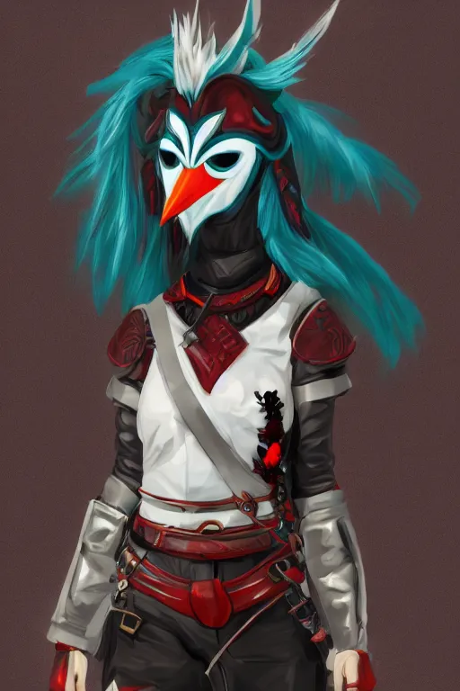 Image similar to female adventurer in tight full - body teal leather armor of japanese design with red accents and a white porcelain crow mask, trending in artstation, japanese, artstation, big moon in the background, establishing shot