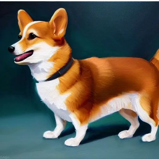 Image similar to oil painting, a developer corgi in a suit, intricate, masterpiece, artstation, stunning