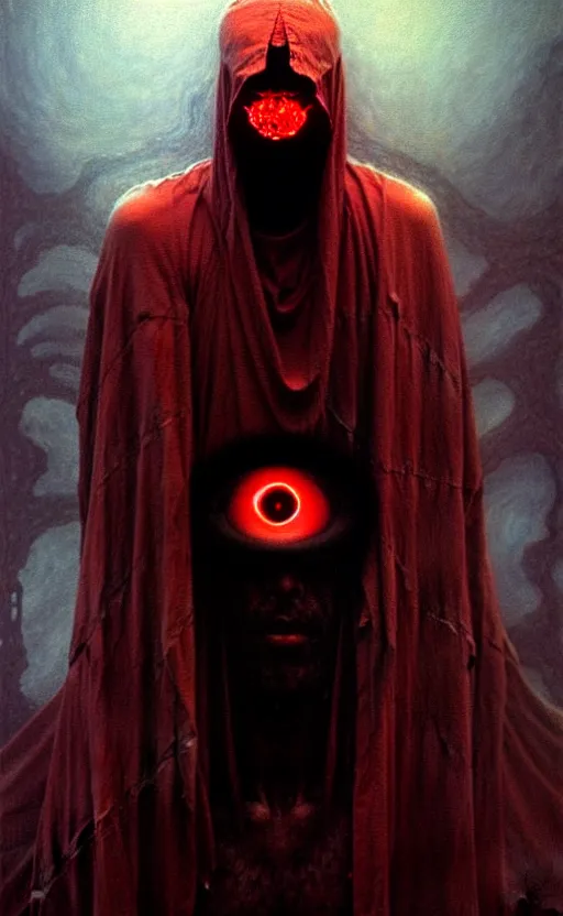 Image similar to a striking full body portrait of a pitch black masked eldritch shaman with sinister red eyes by moebius and beksinski and artgerm, detailed artwork, realism, 4 k resolution, detailed, high quality, sharp focus, hq artwork, insane detail, volumetric lighting, character concept art, fine details, tarot card, clear subject