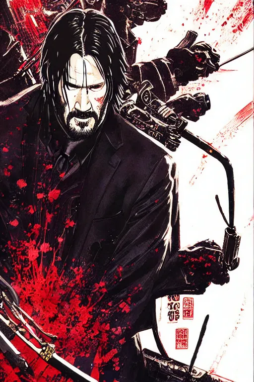 Image similar to poster of john wick as a samurai, by yoichi hatakenaka, masamune shirow, josan gonzales and dan mumford, ayami kojima, takato yamamoto, barclay shaw, karol bak, yukito kishiro, highly detailed