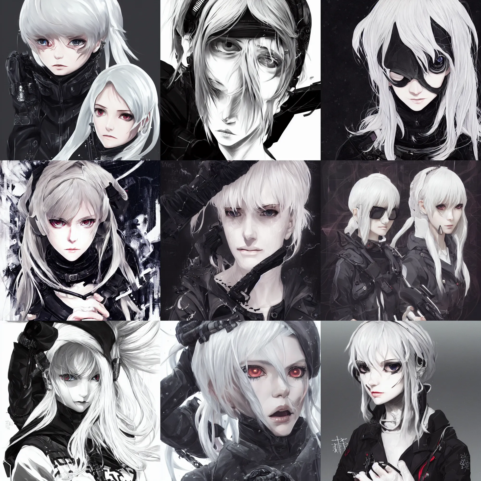 Prompt: techwear occultist, white hair hime cut, by kyoto animation, chaos magick, leviathan cross, female, beautiful, detailed symmetrical close up portrait, intricate complexity, in the style of artgerm and ilya kuvshinov, cel shaded