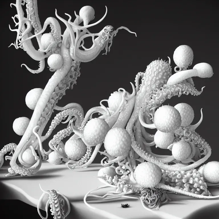 Image similar to still life of white flowers on a table, white alien squid, white octopus, , surreal alien ribbed white fruit, white human spine, baroque painting, beautiful detailed intricate insanely detailed octane render trending on Artstation, 8K artistic photography, photorealistic, chiaroscuro, Raphael, Caravaggio beautiful BW monochrome