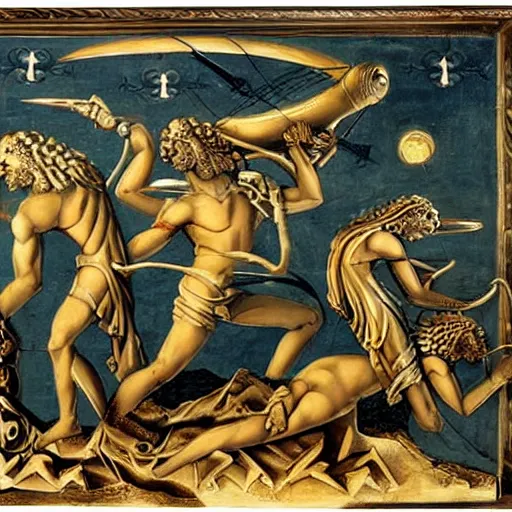 Image similar to celestial war, aliens, invasion, greek art style