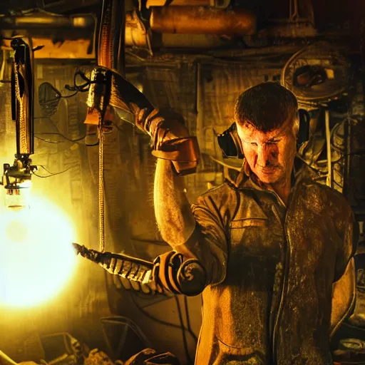 Image similar to half rusted old egg beater half stun - gun, balding older cyborg repairing, red hot soldering iron, dark messy smoke - filled cluttered workshop, dark, dramatic lighting, orange tint, cinematic, highly detailed, sci - fi, futuristic, movie still from blade runner