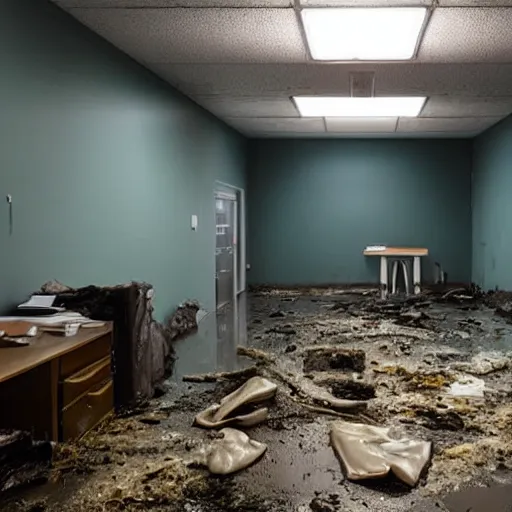 Prompt: backrooms office space, ominous lighting, moldy walls, demogorgon wading in shallow water