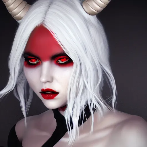 Image similar to a highly detailed portrait of a humanoid demon girl with white hair, red horns, in white clothes, artstation, deviantart, professional, unreal engine 5, photorealistic, digital art