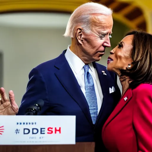 Prompt: Joe Biden going in for a kiss with Kamala Harris, Joe Biden kissing Kamala, 8k , professional photography