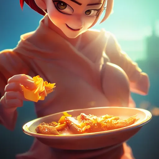 Image similar to movie still macro close photo of smiling anonymous holding pork stirfry to face, by weta disney pixar greg rutkowski wlop ilya kuvshinov rossdraws artgerm octane render iridescent, bright morning, anime, liosh, mucha