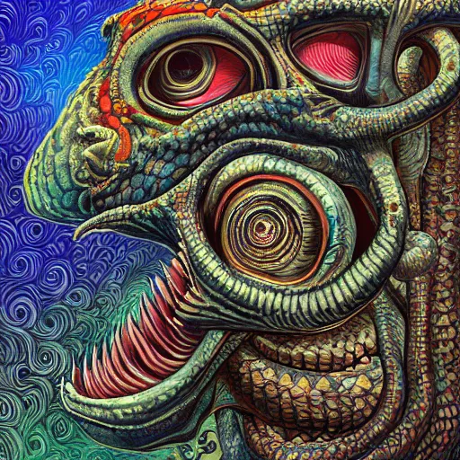 Prompt: a hyper - detailed high painting of giant heads joined by snakes, the heads are open they have spiked scales and sharp teeth, the mouth is open and monstrous beings of all kinds run and scream, psychedelic horror surreal art cosmic horror weird bizarre art
