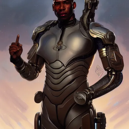 Image similar to ultra realistic illustration, a african american male cyborg soldier, intricate, elegant, highly detailed, digital painting, artstation, concept art, smooth, sharp focus, illustration, art by artgerm and greg rutkowski and alphonse mucha