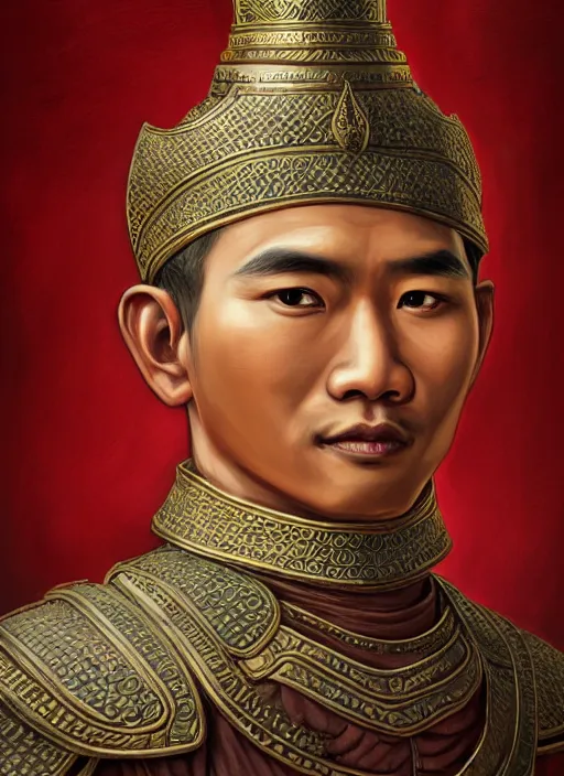 Image similar to smart ramkhamheang of sukhothai, closeup portrait, without beard and mustache, historical hero, ethnic group, tai costume, thai transitional bronze headdress, intricate, with leather armor cross on bare chest, elegant, loin cloth, highly detailed, oil painting, artstation, concept art, matte, sharp focus, illustration, hearthstone, art by earl norem