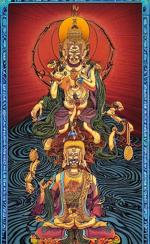 Image similar to Buddhist Tarot Card of Death and Rebirth, Dan Mumford Jeff Simpson Simon Bisley, Thangka