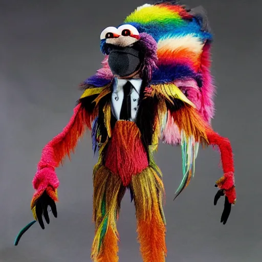 Prompt: jim Henson mandrill cassowary hybrid muppet