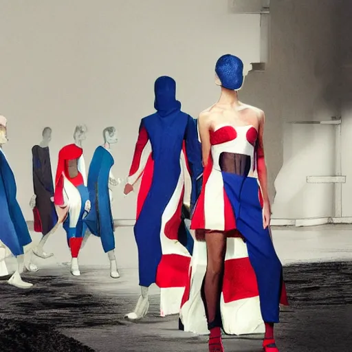 Prompt: dystopian fashion incorporating red white and blue, brutalist fashion show, studio lighting, concept art